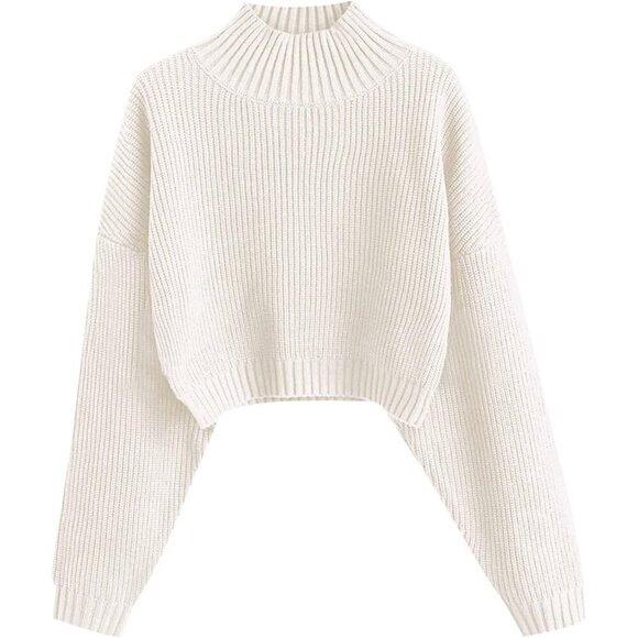 Tops - Women's Cropped Turtleneck Sweater Ribbed Knit Lantern Sleeve Pullover L